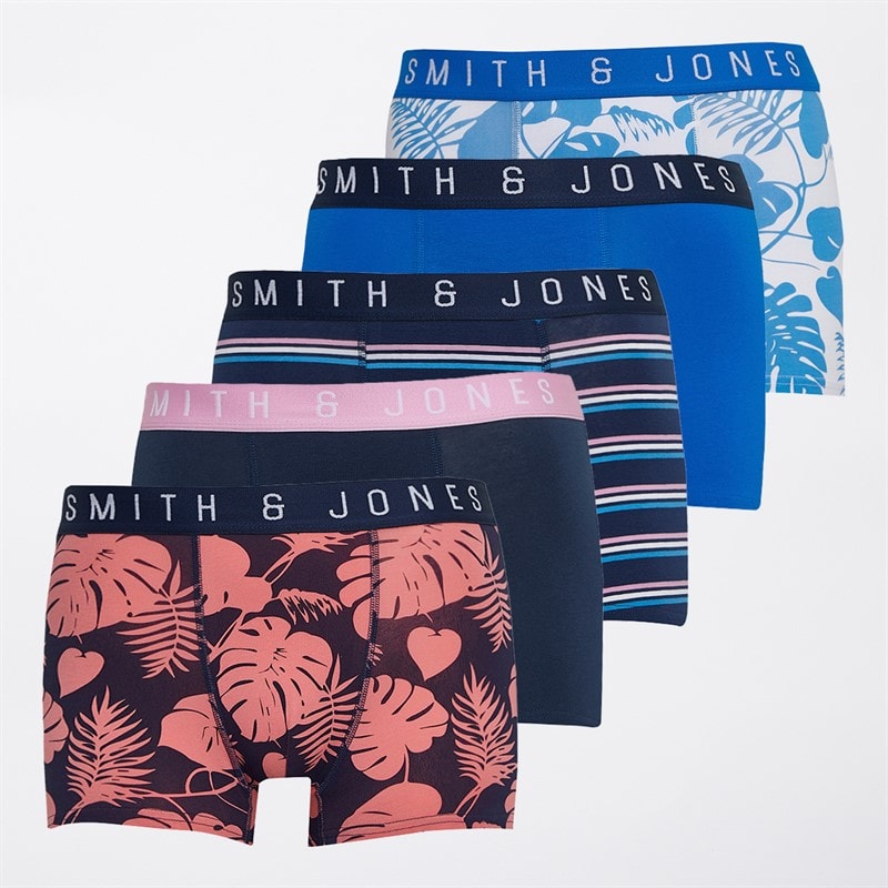 Smith And Jones Mens Antario Five Pack Boxer Shorts Blue/Aop/Navy/Aop/Yarn Dyed Stripe - Image 1