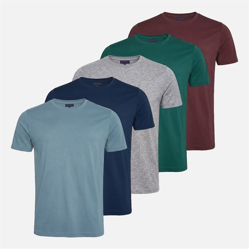 Smith And Jones Mens Bucky Five Pack T-Shirts Teal/Grey Marl/Burgundy/Navy/Steel Blue