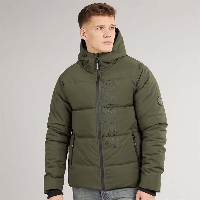 Henleys Mens System Ski Puffer Jacket Khaki - Image 3