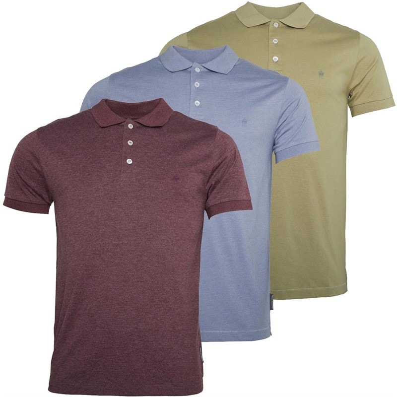 French Connection Mens Three Pack Jersey Polo Shirts Multi Three- Light Khaki/Chateaux Mel/Light Blue Mel