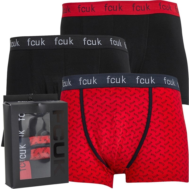 French Connection Mens FCUK Three Pack Boxers Black/Red Print/Black - Image 1