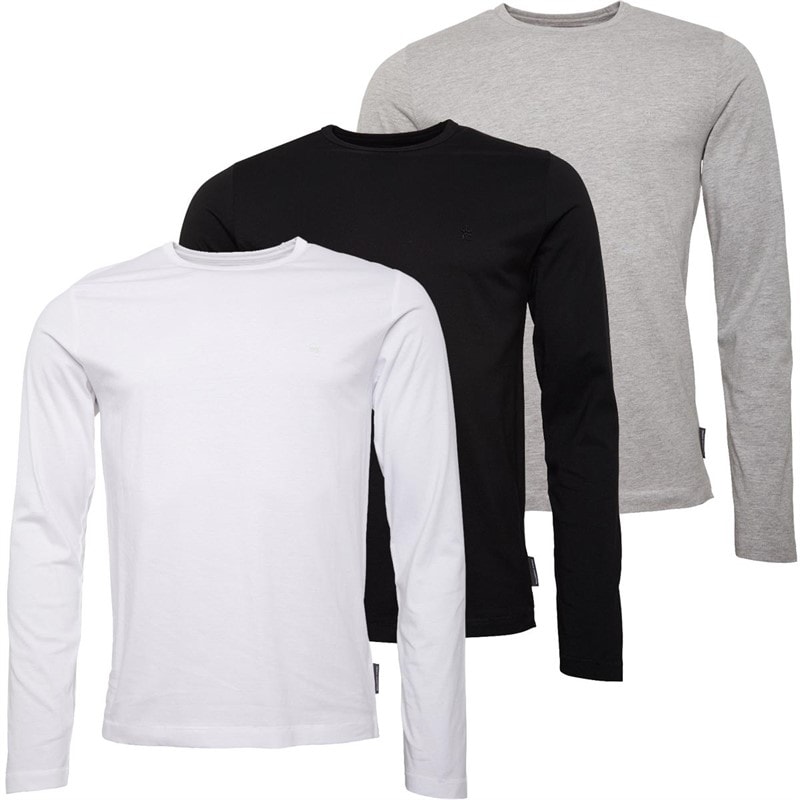 French Connection Mens Three Pack Long Sleeve Crew T-Shirts Multi - Black/White/Light Grey Melange