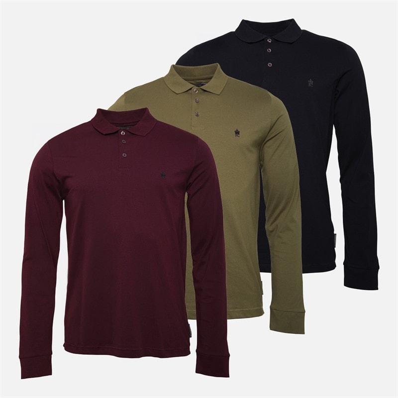 French Connection Mens Three Pack Long Sleeve Polo Shirts Multi 2 - Marine/Khaki/Chateaux
