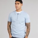 French Connection Mens Short Sleeve Cotton Zip Knit Polo Shirt Sky
