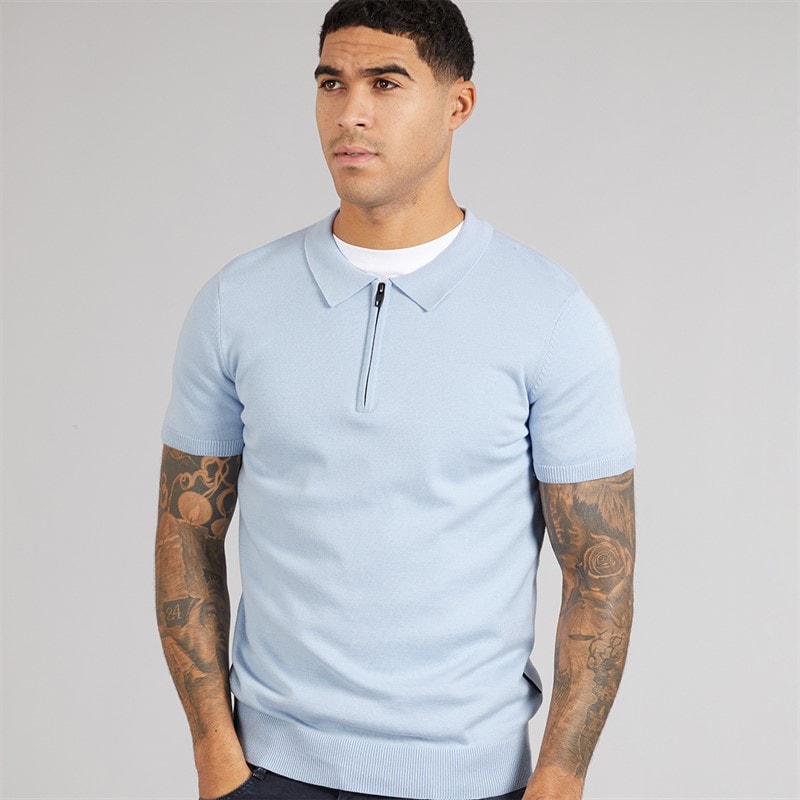 French Connection Mens Short Sleeve Cotton Zip Knit Polo Shirt Sky