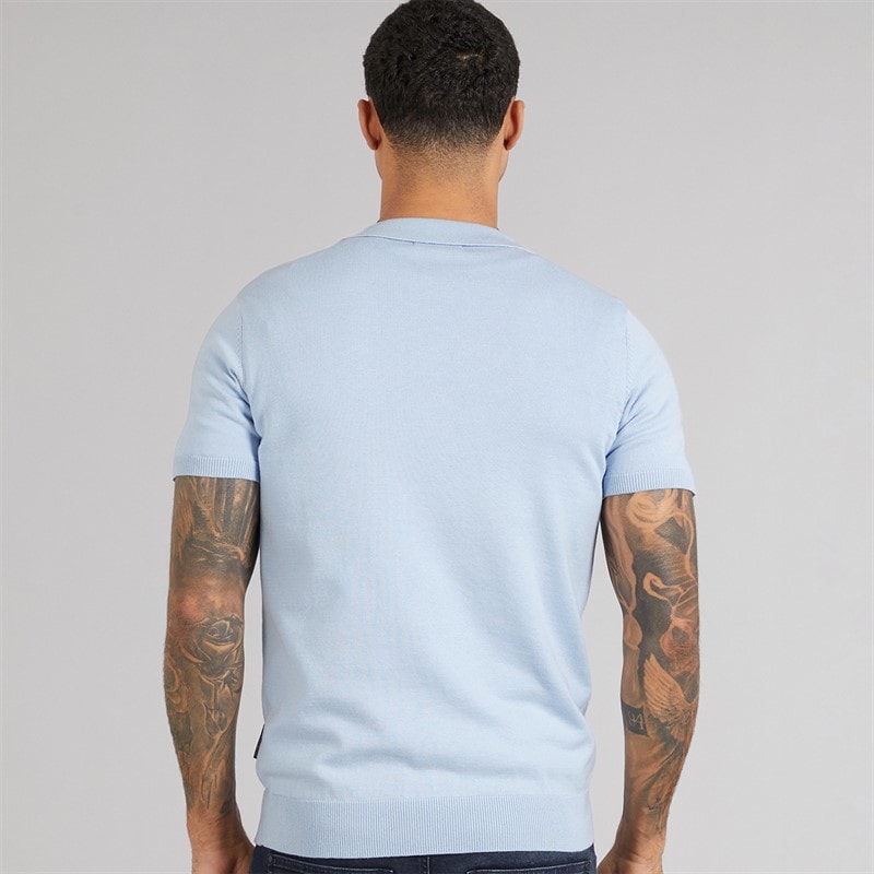 French Connection Mens Short Sleeve Cotton Zip Knit Polo Shirt Sky - Image 2