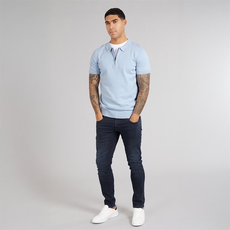 French Connection Mens Short Sleeve Cotton Zip Knit Polo Shirt Sky - Image 3
