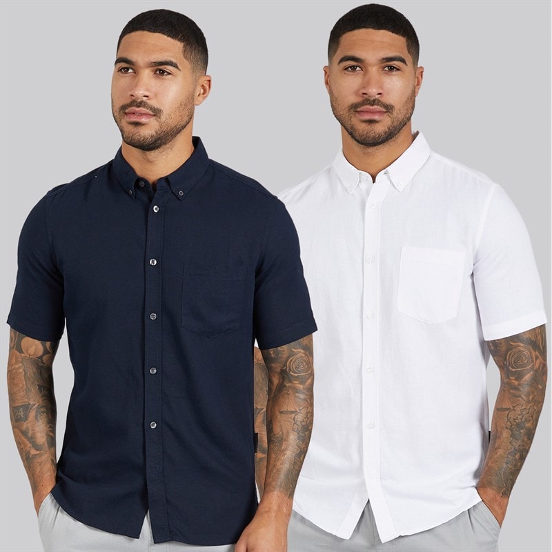 French Connection Mens Two Pack Short Sleeve Linen Shirts White/Marine - Image 1
