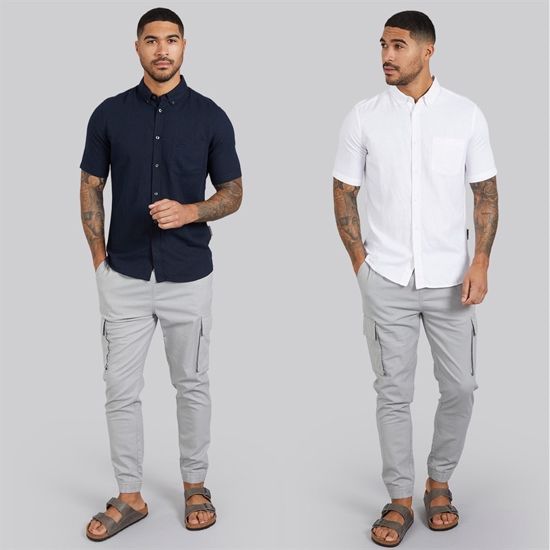French Connection Mens Two Pack Short Sleeve Linen Shirts White/Marine - Image 3