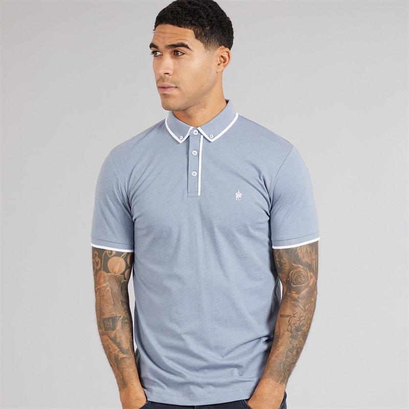 French Connection Mens Piping Polo Shirt Light Blue Mel/White