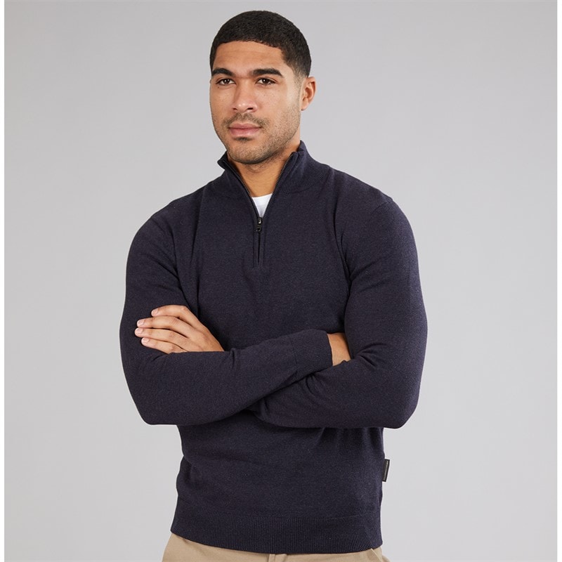 French Connection Mens Cotton 1/4 Zip Jumper Marine Mel - Image 1