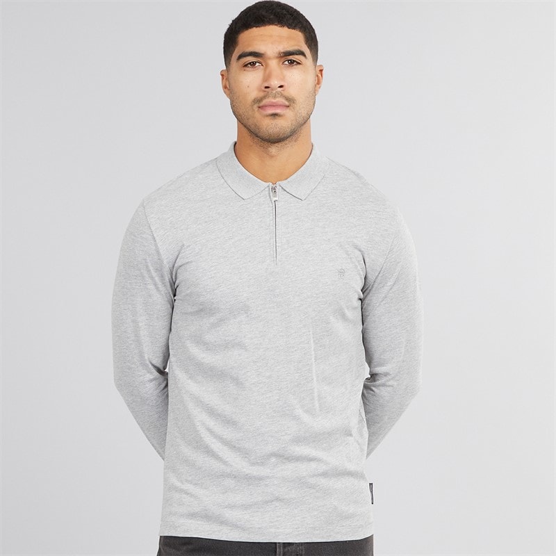 French Connection Mens Jersey Zip Long Sleeve Polo Shirt Light Grey Mel