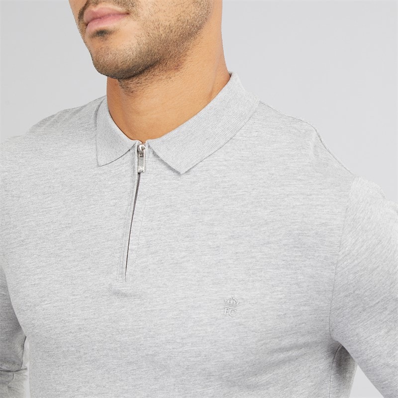 French Connection Mens Jersey Zip Long Sleeve Polo Shirt Light Grey Mel - Image 3