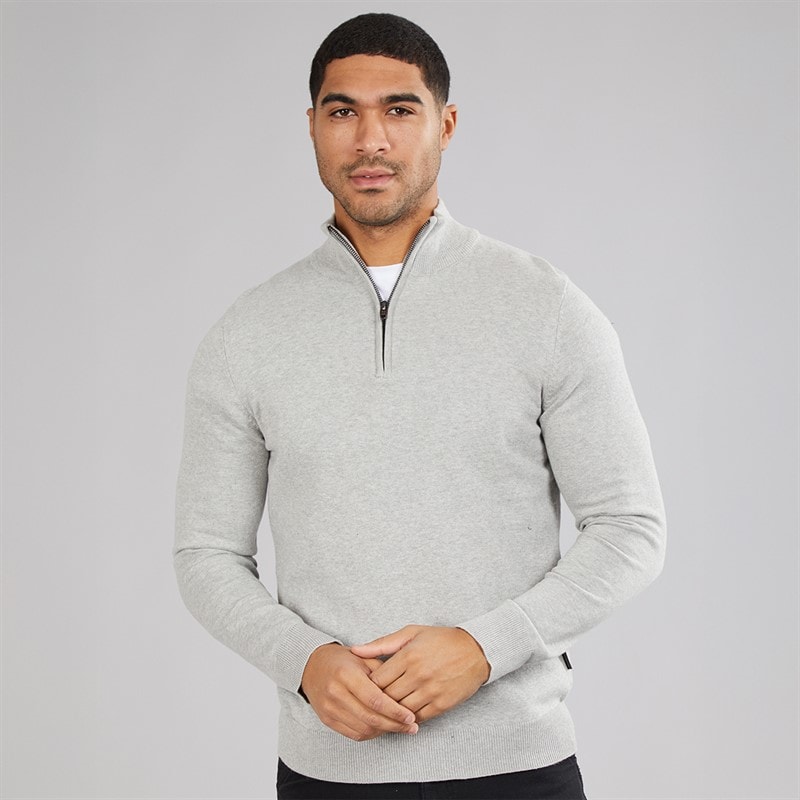 French Connection Mens Cotton 1/4 Zip Jumper Light Grey Mel