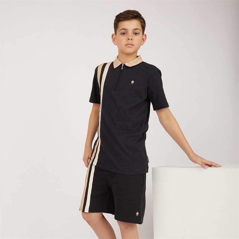 French Connection Boys Byline Short Sleeve Zip Polo Shirt And Shorts Set Marine/Sand/Stone - Image 1