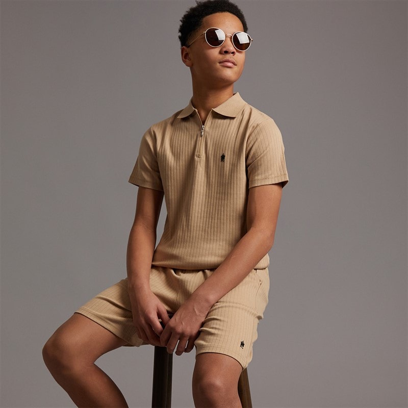 French Connection Boys Resort Drop Needle Short Sleeve Polo And Shorts Set Stone - Image 1