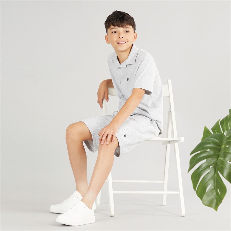 French Connection Boys Coast Button Thru Short Sleeve Polo Shirt And Shorts Set Light Grey Marl - Image 4