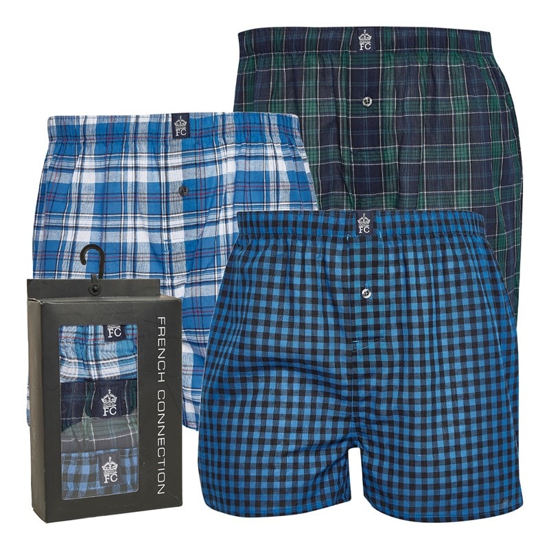French Connection Mens Three Pack Woven Boxers Multi 8 - Blue White Check/Marine Green Check/Marine Blue Check - Image 1