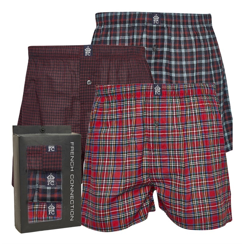 French Connection Mens Three Pack FC Woven Boxers Multi 2 - Chateaux Gingham/Chateaux Check/Red Green Blue Check - Image 1