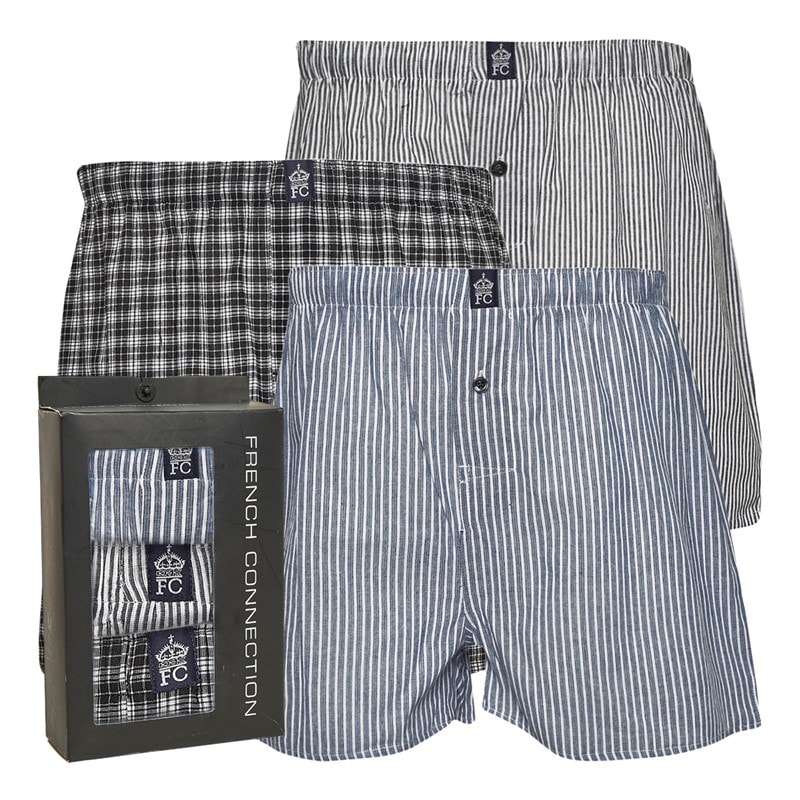 French Connection Mens Three Pack FC Woven Boxers Multi 6 - Black Check/Black Stripe/Blue White Stripe - Image 1