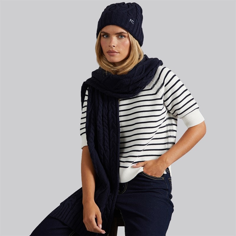 French Connection Womens Cable Scarf And Beanie Set Midnight/Paradise Blue - Image 1