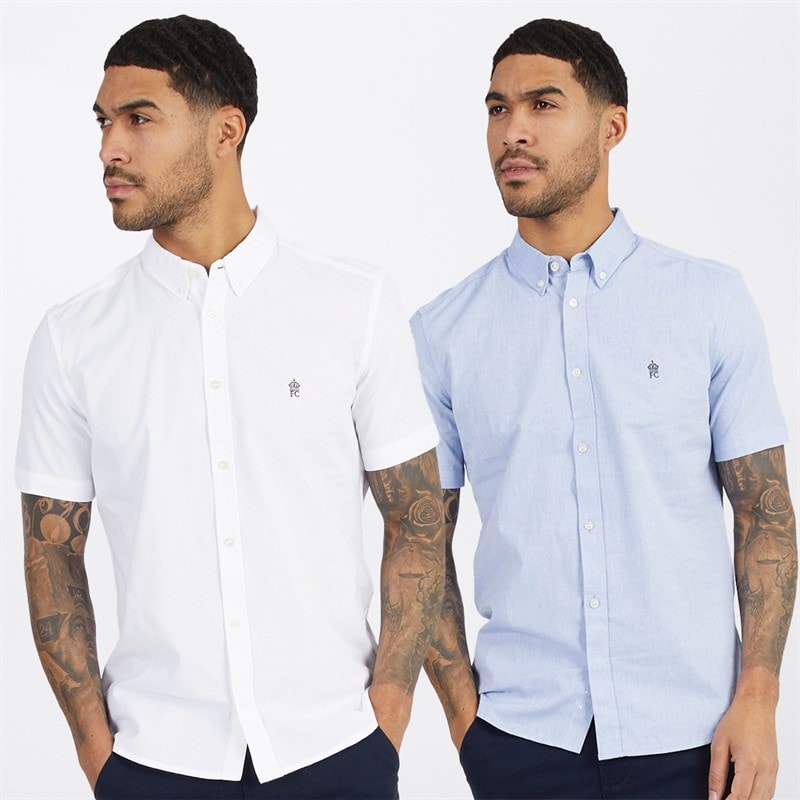 French Connection Mens Two Pack Short Sleeve Oxford Shirts White/Sky