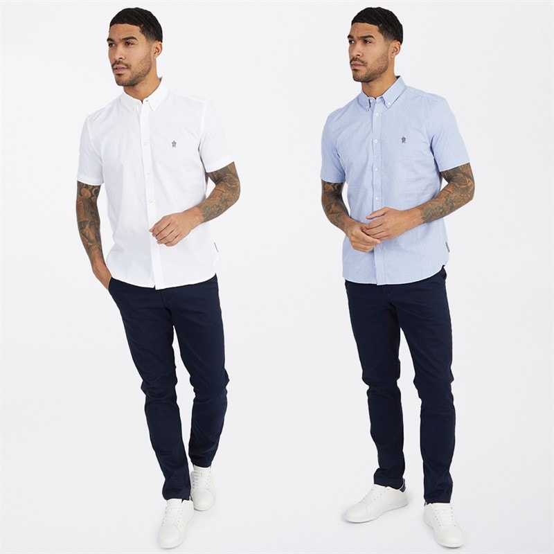French Connection Mens Two Pack Short Sleeve Oxford Shirts White/Sky - Image 3