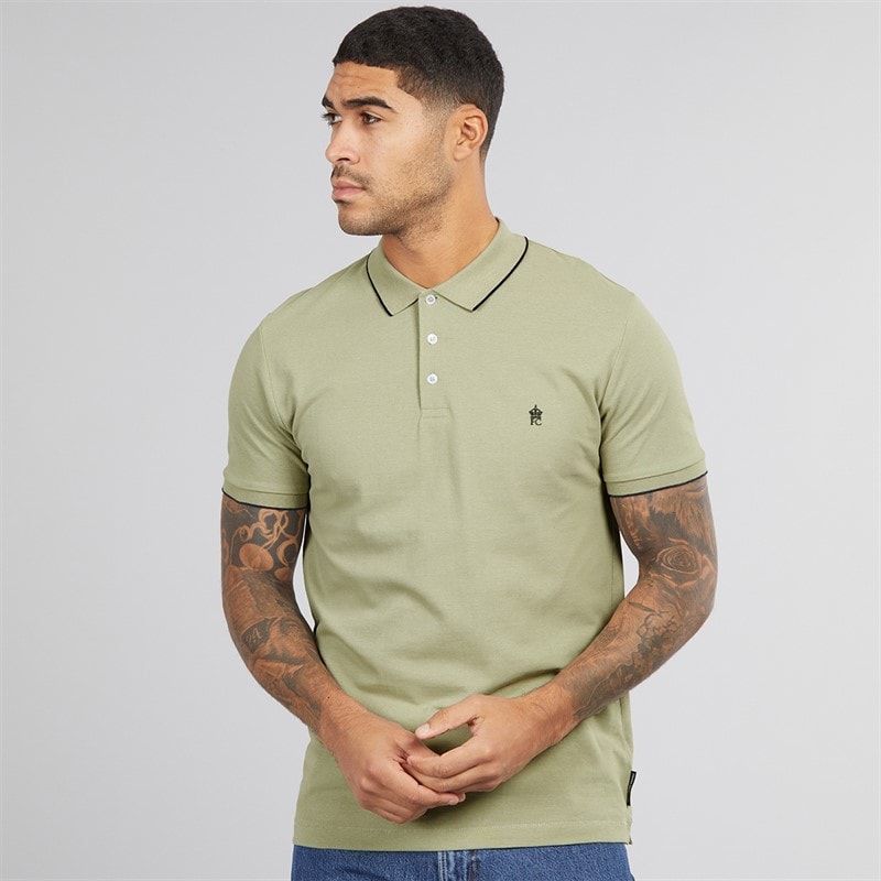 French Connection Mens Tipped Pique Polo Shirt New Sage/Marine
