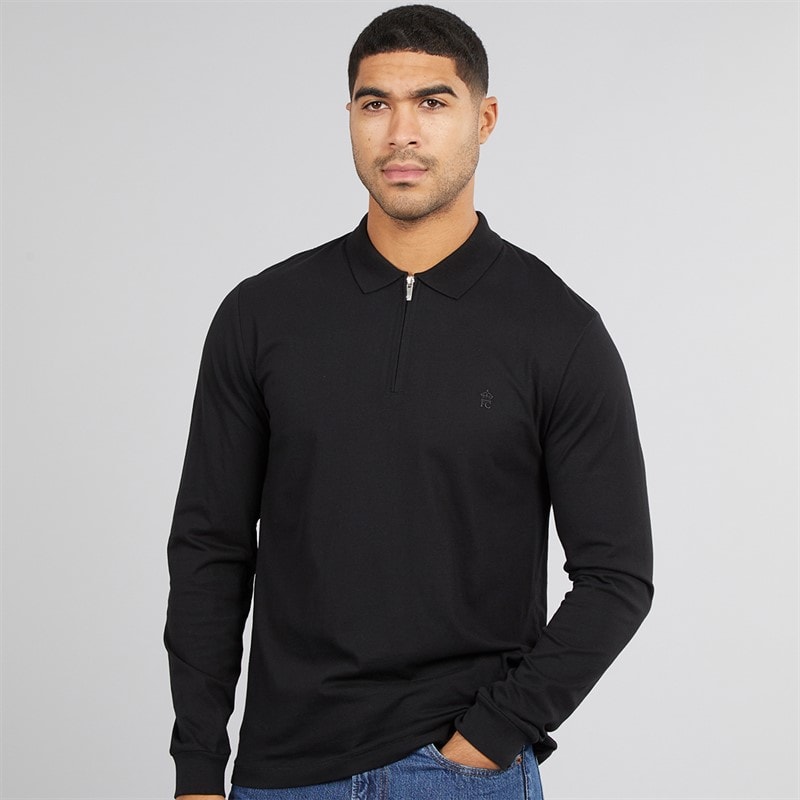 French Connection Mens Jersey Zip Long Sleeve Polo Shirt Black