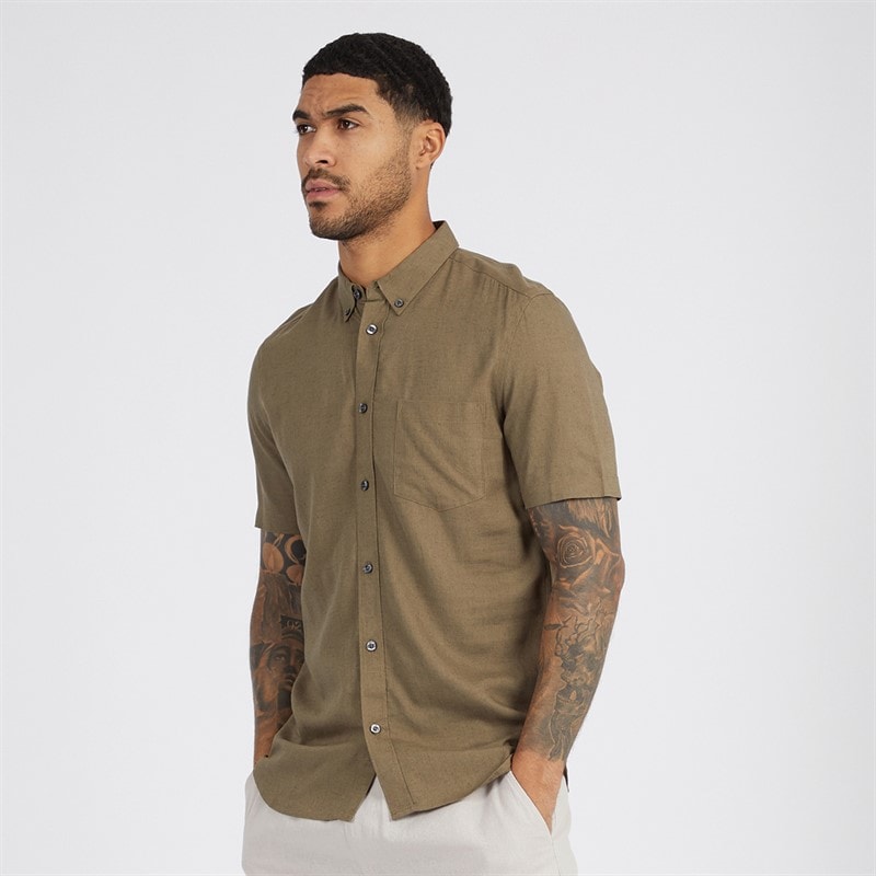French Connection Mens Short Sleeve Linen Shirt Khaki - Image 1