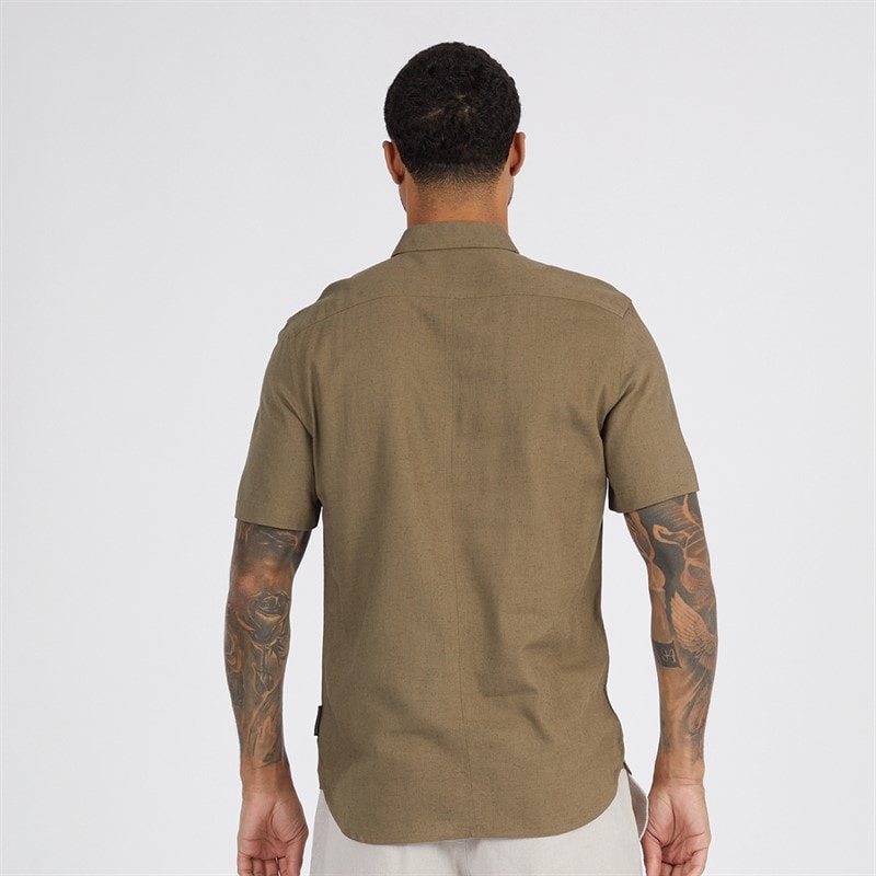 French Connection Mens Short Sleeve Linen Shirt Khaki - Image 2