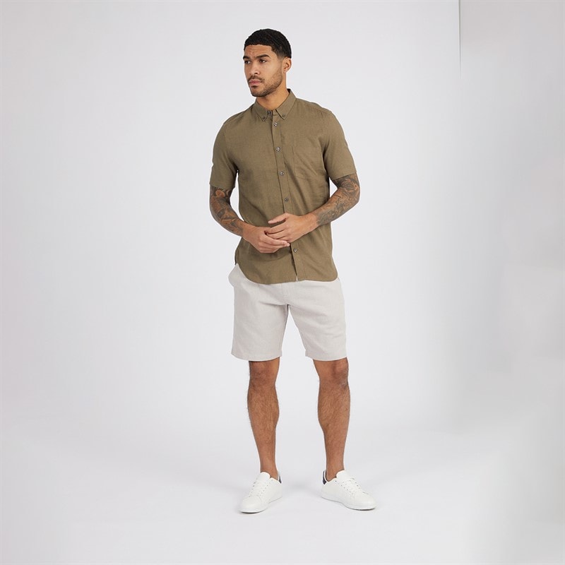 French Connection Mens Short Sleeve Linen Shirt Khaki - Image 3