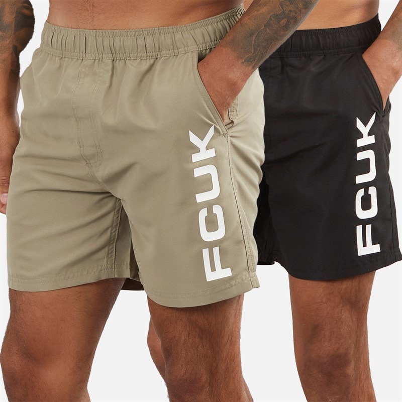 French Connection Mens FCUK Two Pack Swim Shorts Multi 2 - Black/Light Khaki - Image 1