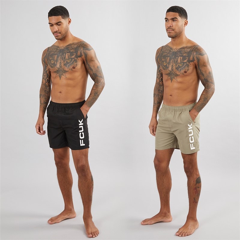French Connection Mens FCUK Two Pack Swim Shorts Multi 2 - Black/Light Khaki - Image 3