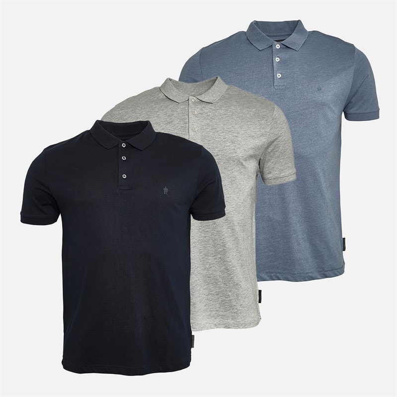 French Connection Mens Three Pack Jersey Polo Shirts Multi 21 - Marine/Light Blue Mel/Ecru Mel