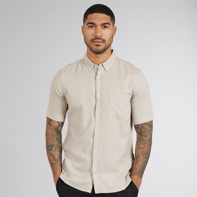 French Connection Mens Short Sleeve Linen Shirt Stone - Image 1