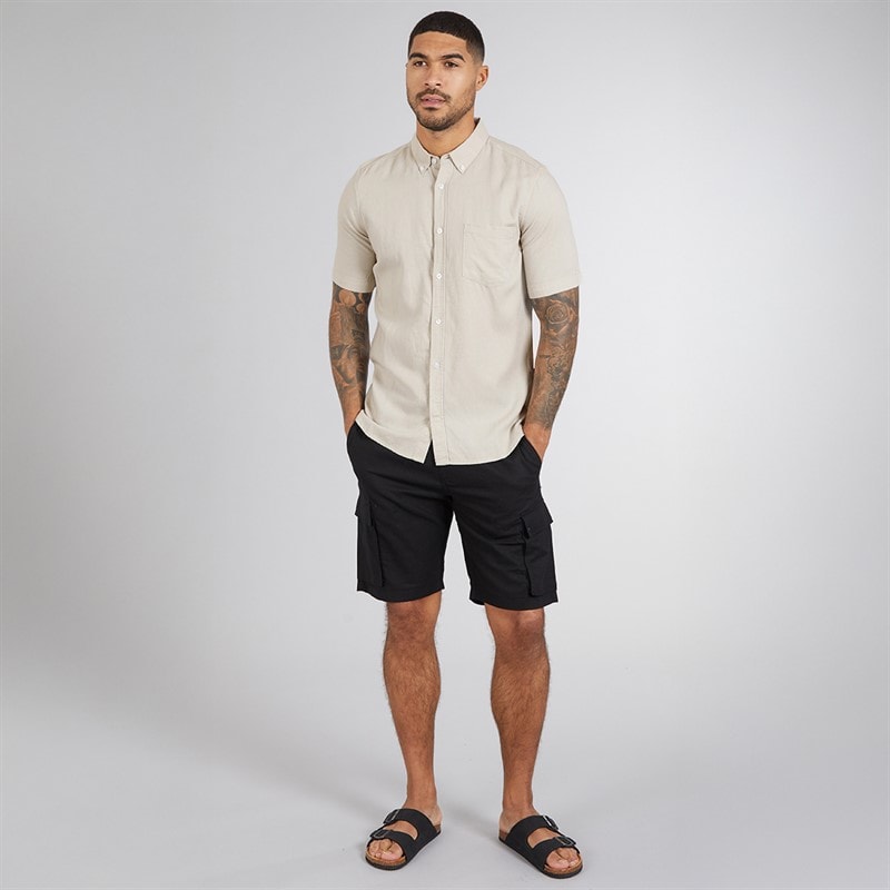 French Connection Mens Short Sleeve Linen Shirt Stone - Image 3