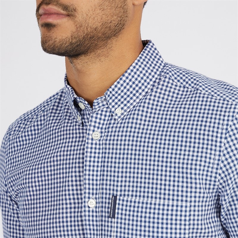 French Connection Mens Short Sleeve Gingham Shirt Mid Blue - Image 3