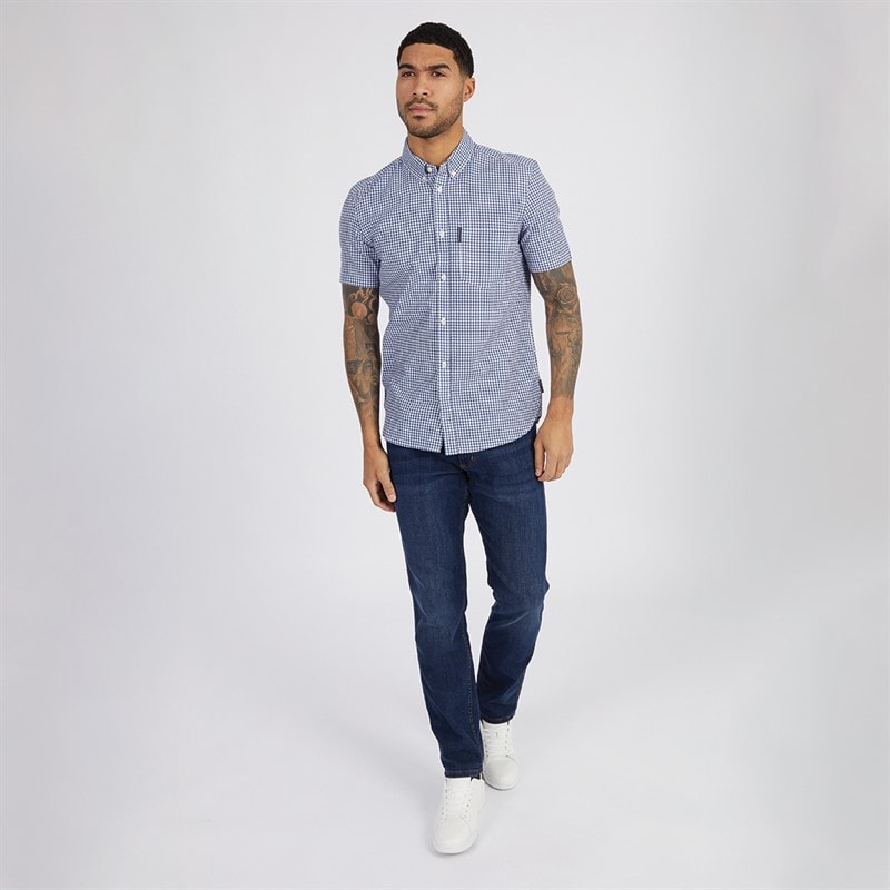 French Connection Mens Short Sleeve Gingham Shirt Mid Blue - Image 4