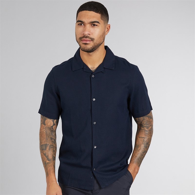 French Connection Mens Short Sleeve Linen Shirt Marine