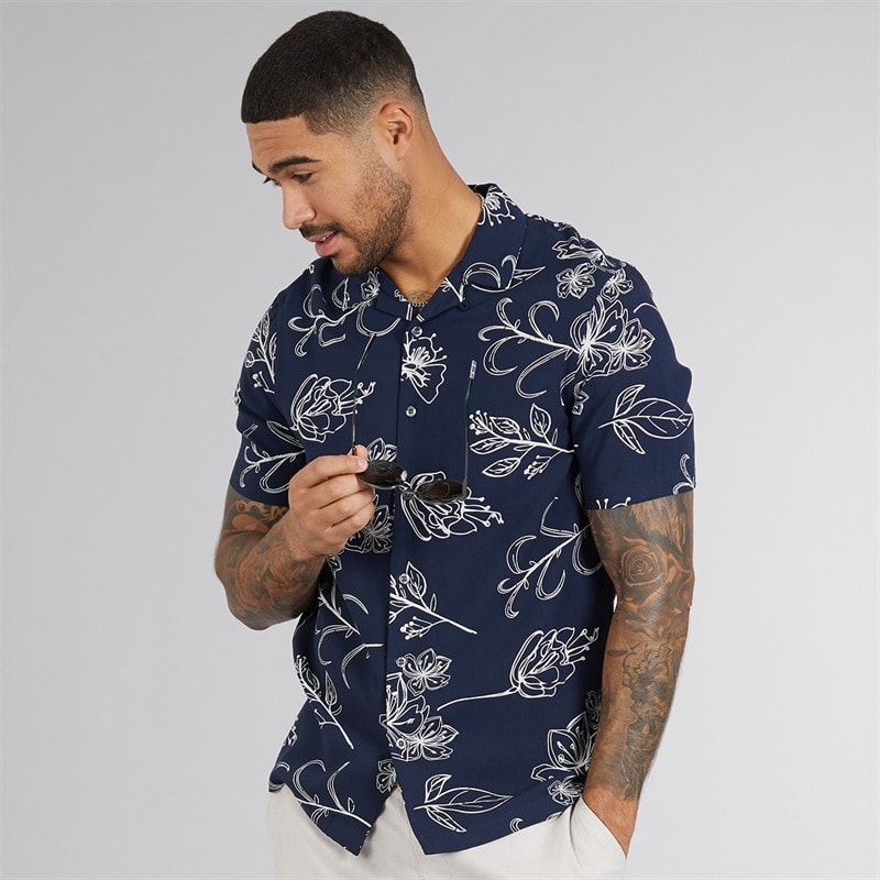 French Connection Mens Short Sleeve Floral Shirt Marine - Image 1