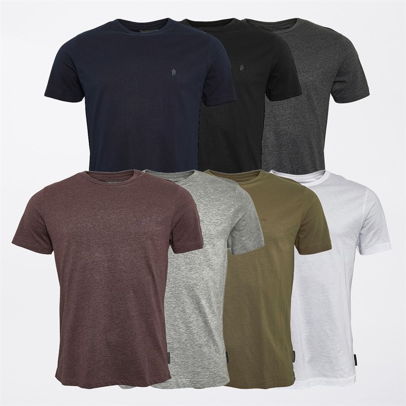 French Connection Mens Seven Pack T-Shirts Multi 2 - Black/White/Marine/Light Grey Marl/Charcoal Mel/Chateaux Mel/Khaki New