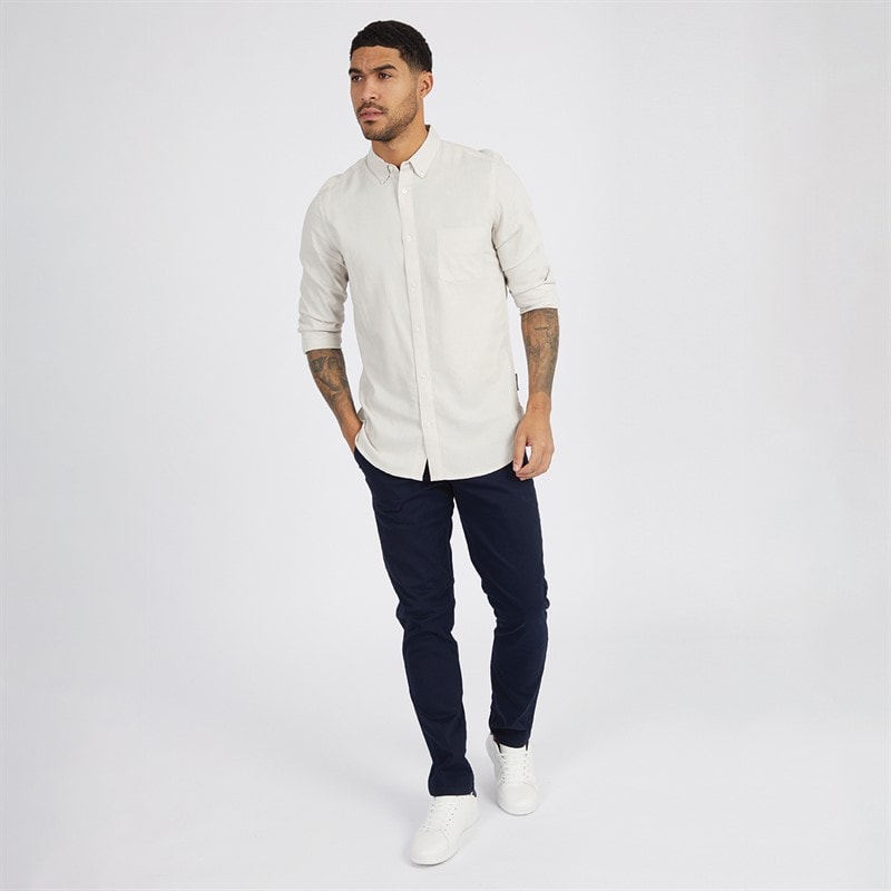 French Connection Mens Long Sleeve Linen Shirt Stone - Image 3