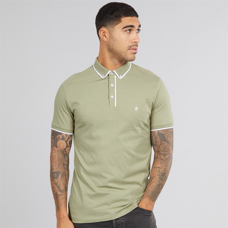 French Connection Mens Piping Polo Shirt Sage/White - Image 1
