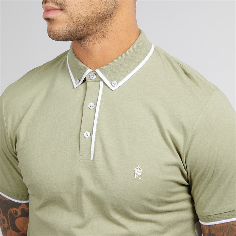 French Connection Mens Piping Polo Shirt Sage/White - Image 3