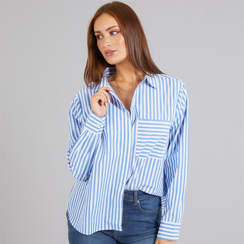 French Connection Womens Stripe Relaxed Popover Shirt Blue/White