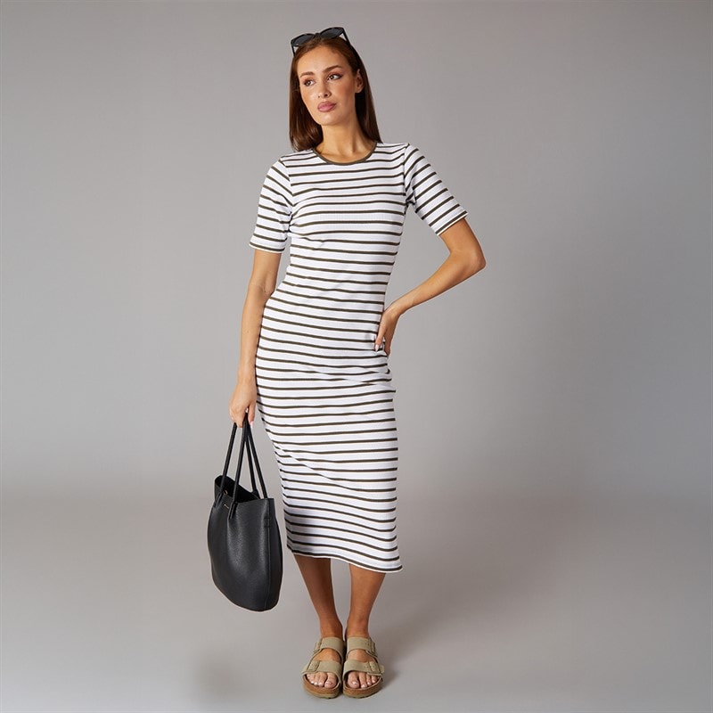 French Connection Womens Rib Stripe Dress White/Khaki - Image 4