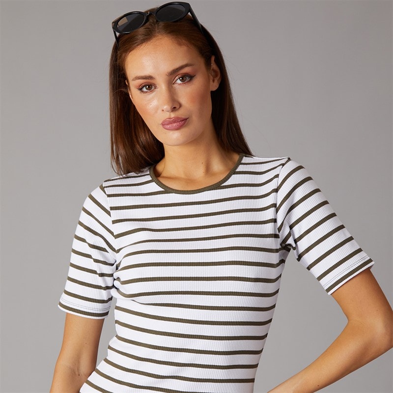 French Connection Womens Rib Stripe Dress White/Khaki - Image 5