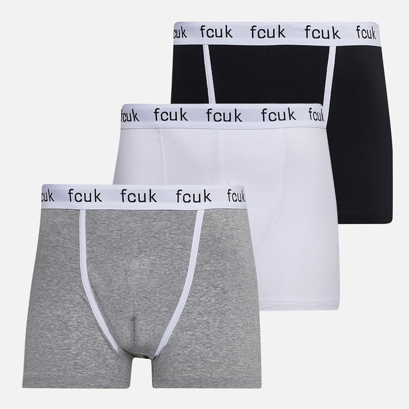 French Connection Mens Three Pack Boxer Trunks FCUK 6 Grey/White/Black