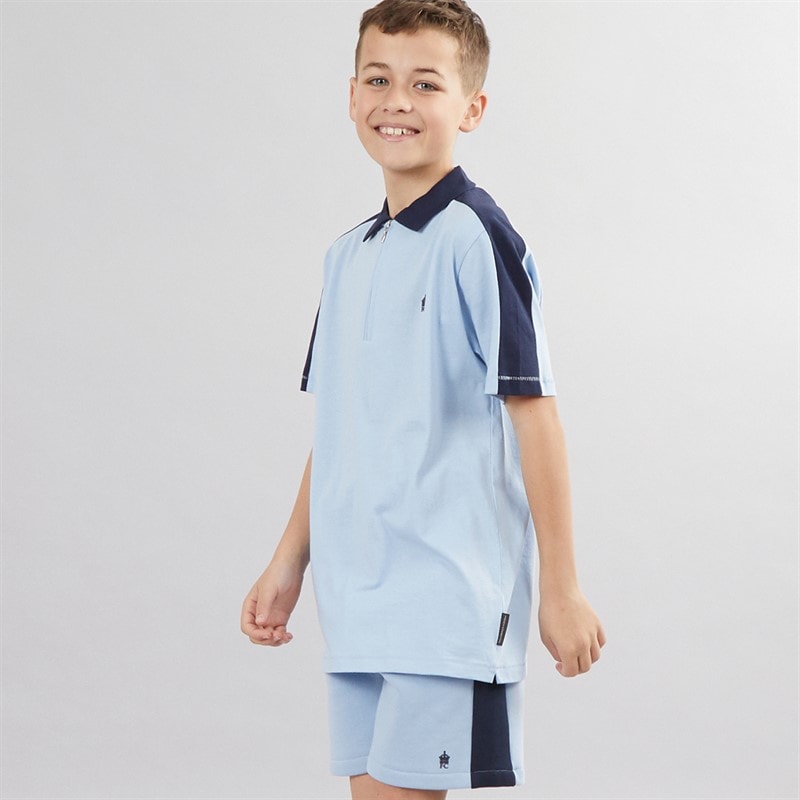 French Connection Boys Stream Zip Polo Shirt And Shorts Set Sky/Marine - Image 1